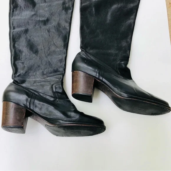 Frye Tall Boots Over the Knee Black Leather Western Block Heel Size 11 M Cowboy - Picture 2 of 16